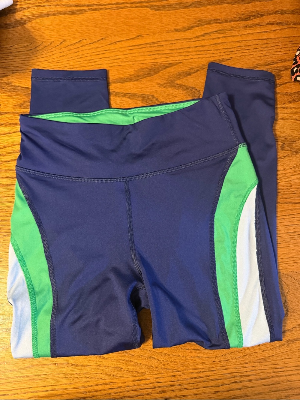 OEKO TEX Girls Navy Leggings with Green & White Side Panels